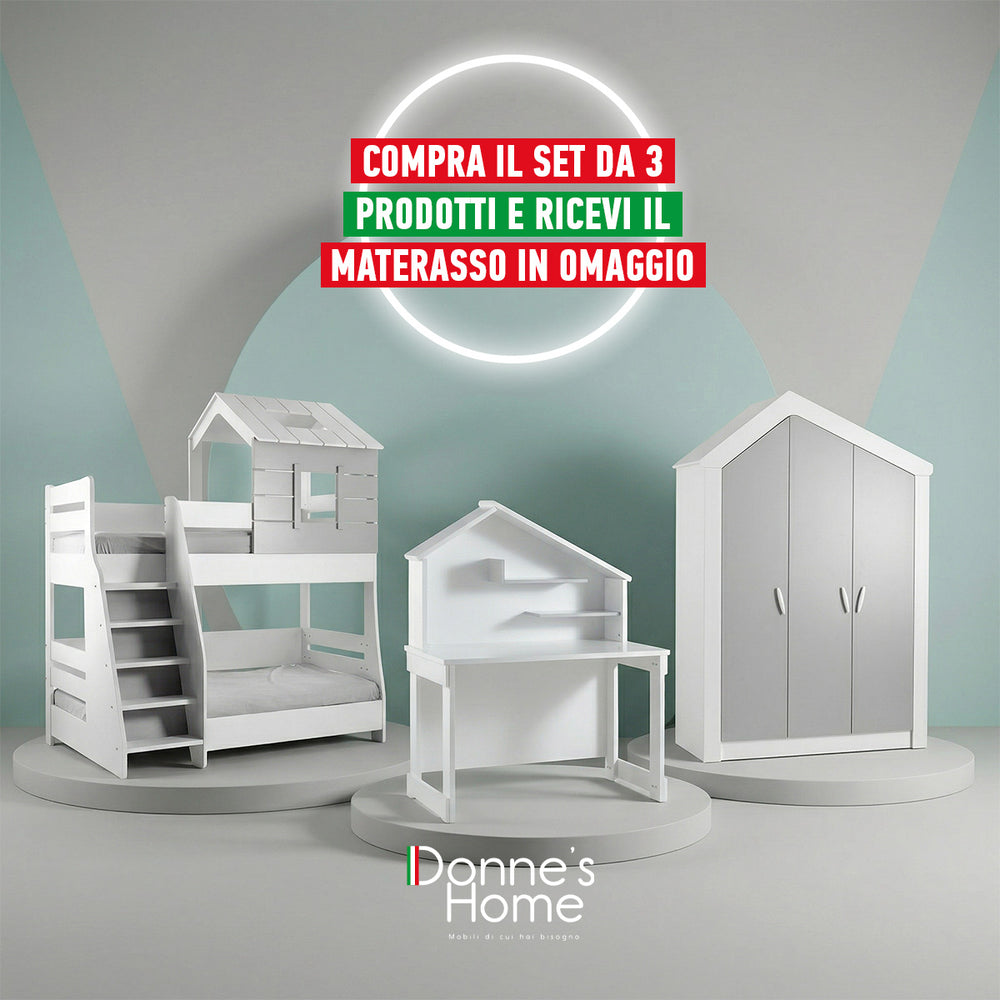 Camera Completa White House: Letto a Castello, Armadio 3 Ante e Scrivania + Materasso in Omaggio