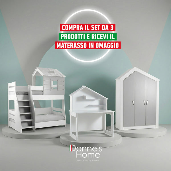Dormitorio Completo White House: Litera, Armario de 3 Puertas y Escritorio + Colchón de Regalo