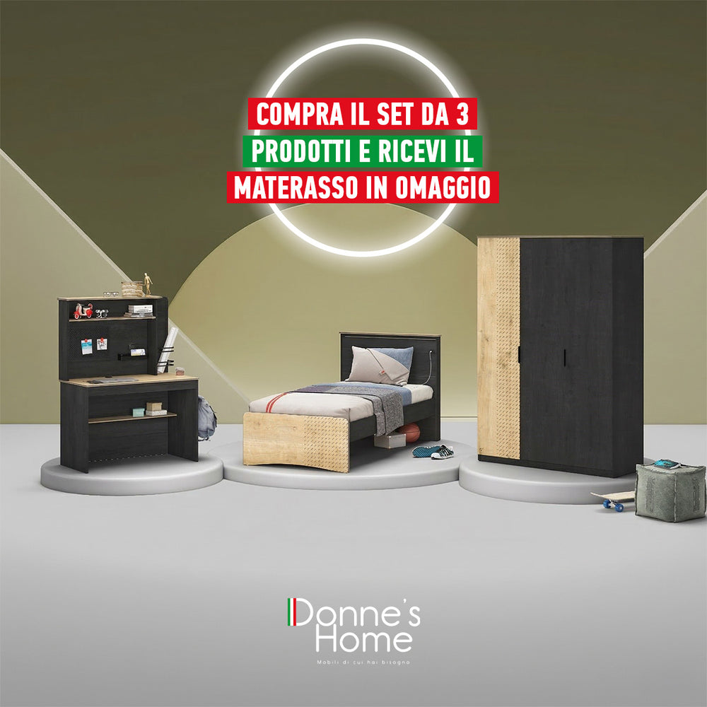 Camera Completa Black: Letto, Armadio 3 Ante Line e Scrivania con Unità + Materasso in Omaggio