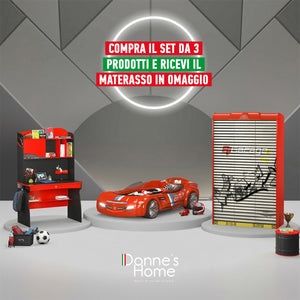 Habitación completa Champion Racer: Cama Biturbo Roja, Armario de 3 puertas y Escritorio con unidad + Colchón de regalo