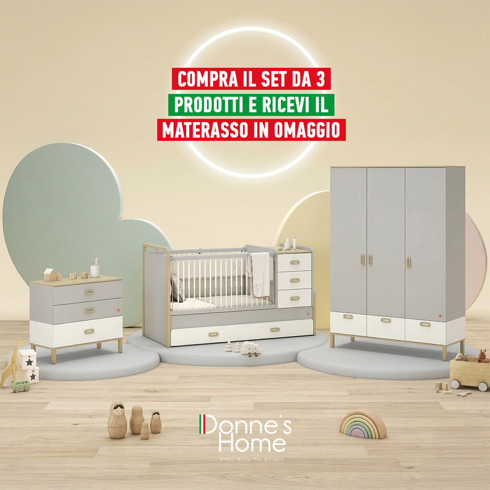 Camera Completa Baby Mino: Lettino Trasformabile con Letto Estraibile, Armadio 3 Ante e Cassettiera + Materasso in Omaggio