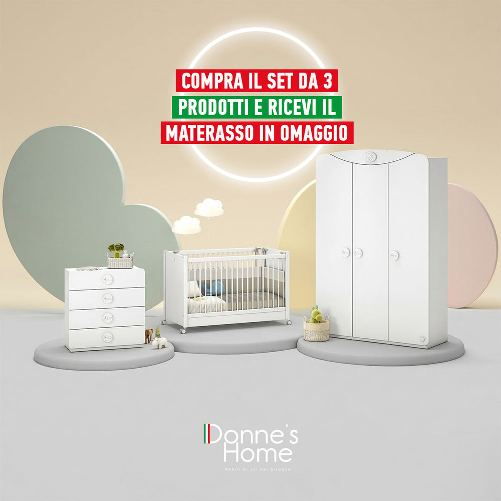 Set Cameretta Neonato Baby Cotton - Letto Co-sleeping, Armadio e Comò con Materasso Gratis