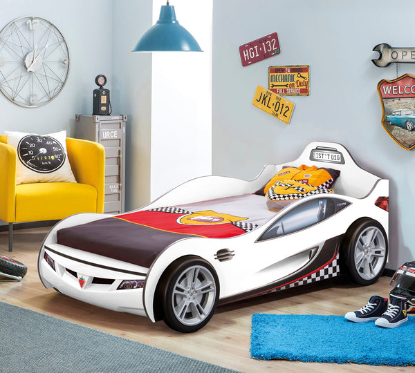 Letto Auto Per Bambini 90x190 Cm Con Design Sportivo e Ruote Tridimensionali