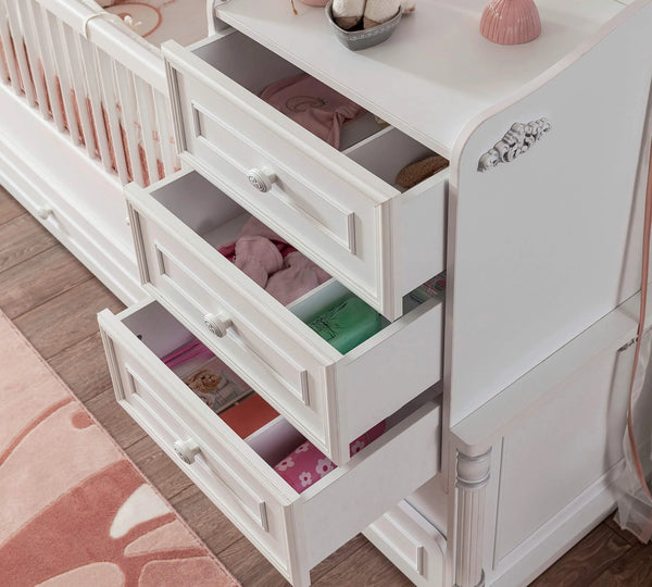 Habitación completa Baby Romantic: cuna convertible, armario de 2 puertas y cómoda con espejo + colchón de regalo