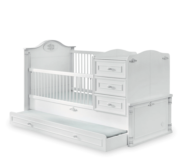 Habitación completa Baby Romantic: cuna convertible, armario de 2 puertas y cómoda con espejo + colchón de regalo