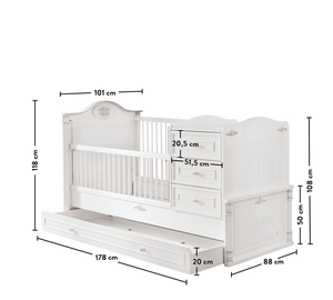 Habitación completa Baby Romantic: cuna convertible, armario de 2 puertas y cómoda con espejo + colchón de regalo