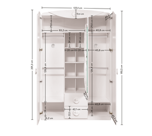 Children's Wardrobe with 3 Doors and a Window, 2 Drawers, Shelves and Illuminated Hanger