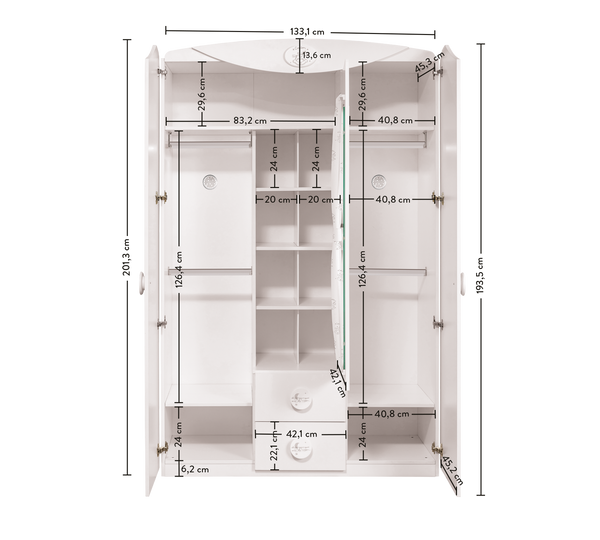 Children's Wardrobe with 3 Doors and a Window, 2 Drawers, Shelves and Illuminated Hanger