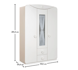 Children's Wardrobe with 3 Doors and a Window, 2 Drawers, Shelves and Illuminated Hanger