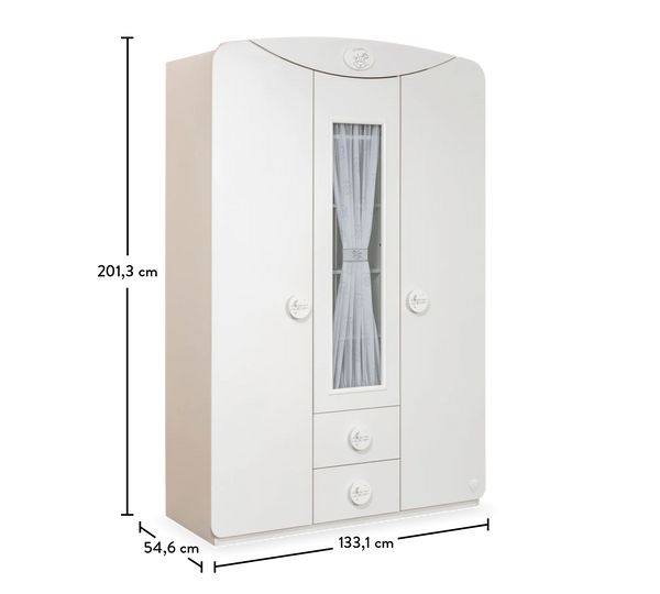 Children's Wardrobe with 3 Doors and a Window, 2 Drawers, Shelves and Illuminated Hanger