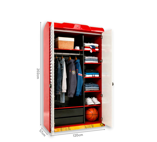 Habitación completa Champion Racer: Cama Biturbo Roja, Armario de 3 puertas y Escritorio con unidad + Colchón de regalo