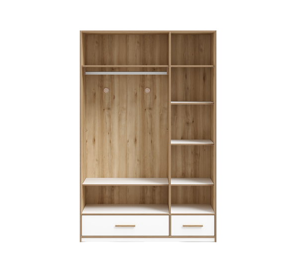 Armadio 3 Ante Modera in Legno con Ripiani Regolabili, Maniglie in Faggio e Specchio Interno