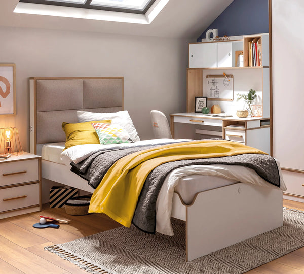 Camera Completa Modera: Letto Imbottito (100x200), Armadio 3 Ante e Scrivania con Unità + Materasso in Omaggio