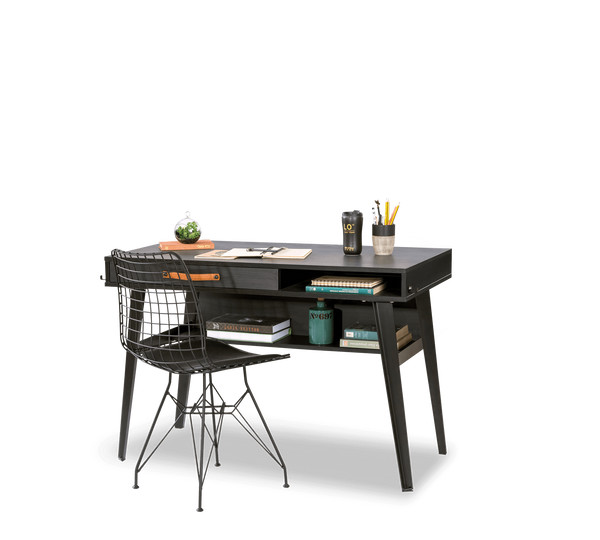 Kleiner Schreibtisch aus dunklem Metall, modernes Design, 120 x 75 x 63 cm, funktional und kompakt