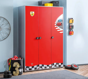 Camera Completa Racecup: Letto a forma di Macchina (90x190), Armadio 3 Ante e Scrivania con Unità + Materasso in Omaggio