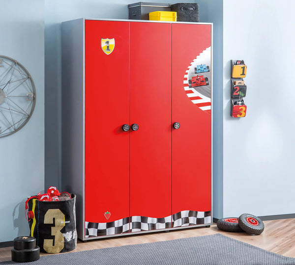 Camera Completa Racecup: Letto a forma di Macchina (90x190), Armadio 3 Ante e Scrivania con Unità + Materasso in Omaggio