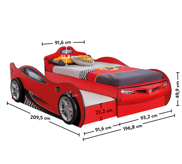 Sports Car Bed for Children with Extra Bed 90x190 - Realistic Design