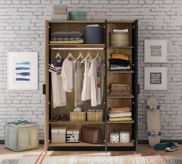 Dormitorio completo Black: Cama, Armario 3 Puertas Line y Escritorio con Unidad + Colchón de Regalo