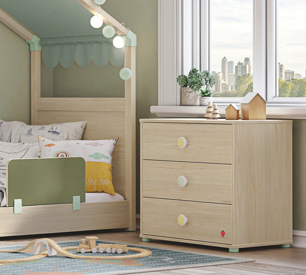 Camera Completa Montes Baby Natural: Letto Daybed (90x190), Armadio 2 Ante e Comò Piccolo + Materasso in Omaggio