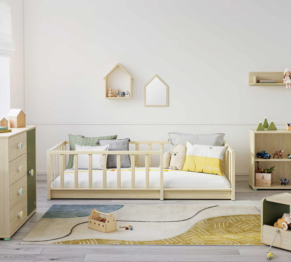 Camera Completa Montes Baby Natural: Letto Daybed (90x190), Armadio 2 Ante e Comò Piccolo + Materasso in Omaggio