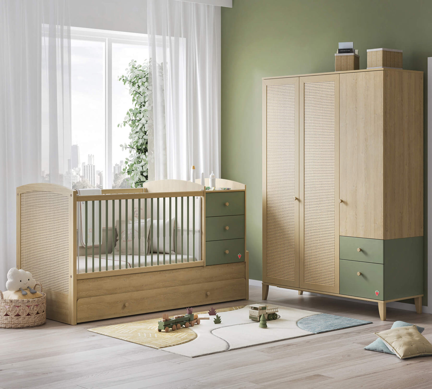 Lettino trasformabile verde salvia e color legno Loof Baby per bebè 0-10 anni