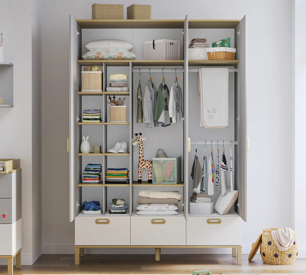 Dormitorio Completo Bebé Mino: Cuna Convertible con Cama Nido, Armario de 3 Puertas y Cómoda + Colchón de Regalo