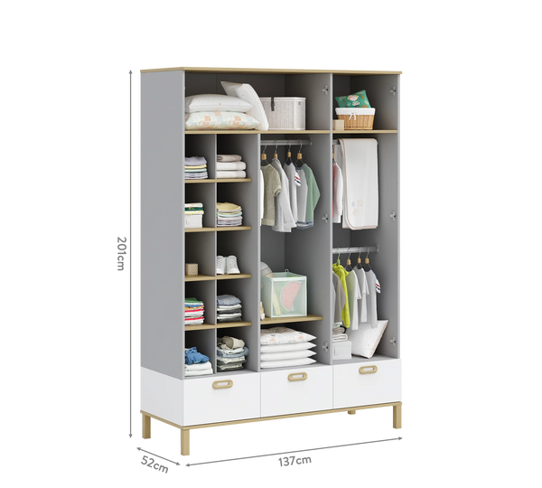 Dormitorio Completo Bebé Mino: Cuna Convertible con Cama Nido, Armario de 3 Puertas y Cómoda + Colchón de Regalo