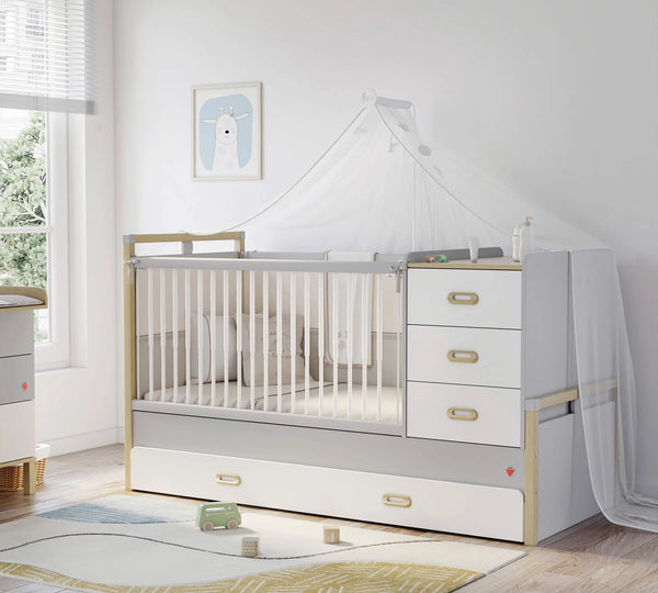 Dormitorio Completo Bebé Mino: Cuna Convertible con Cama Nido, Armario de 3 Puertas y Cómoda + Colchón de Regalo