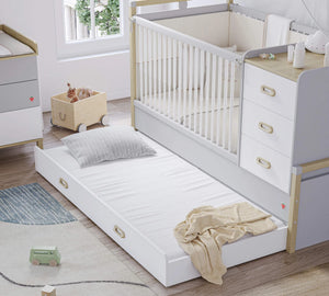 Dormitorio Completo Bebé Mino: Cuna Convertible con Cama Nido, Armario de 3 Puertas y Cómoda + Colchón de Regalo