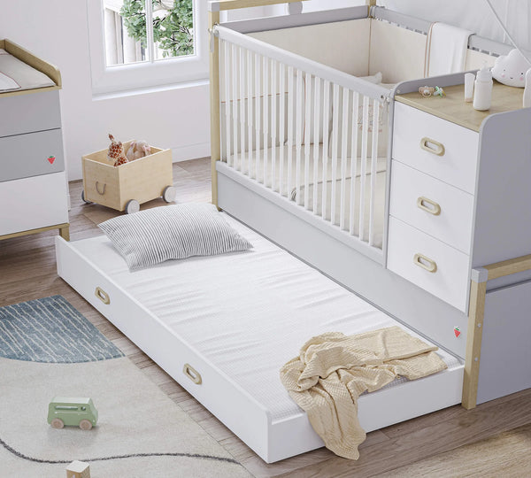 Dormitorio Completo Bebé Mino: Cuna Convertible con Cama Nido, Armario de 3 Puertas y Cómoda + Colchón de Regalo
