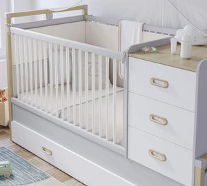 Dormitorio Completo Bebé Mino: Cuna Convertible con Cama Nido, Armario de 3 Puertas y Cómoda + Colchón de Regalo