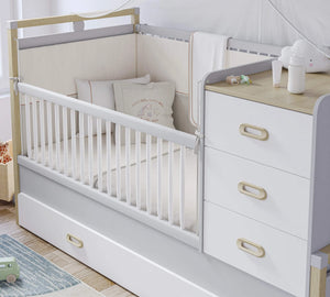 Dormitorio Completo Bebé Mino: Cuna Convertible con Cama Nido, Armario de 3 Puertas y Cómoda + Colchón de Regalo