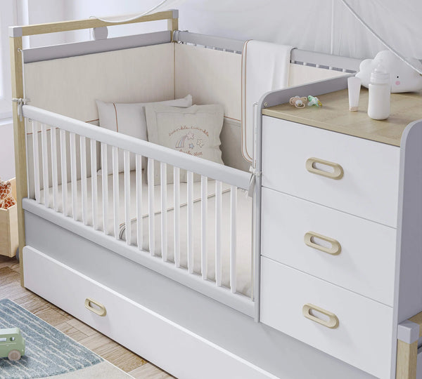 Dormitorio Completo Bebé Mino: Cuna Convertible con Cama Nido, Armario de 3 Puertas y Cómoda + Colchón de Regalo