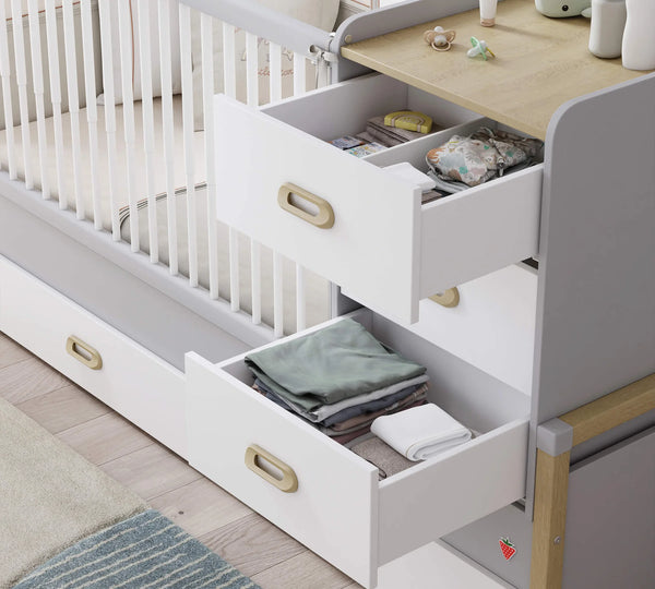 Dormitorio Completo Bebé Mino: Cuna Convertible con Cama Nido, Armario de 3 Puertas y Cómoda + Colchón de Regalo