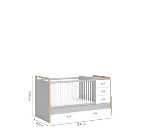 Dormitorio Completo Bebé Mino: Cuna Convertible con Cama Nido, Armario de 3 Puertas y Cómoda + Colchón de Regalo