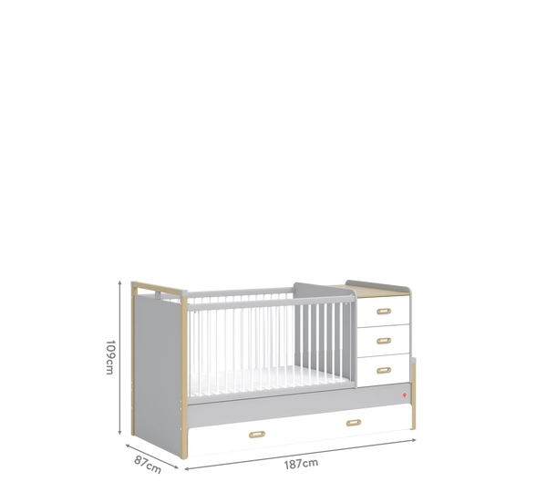 Dormitorio Completo Bebé Mino: Cuna Convertible con Cama Nido, Armario de 3 Puertas y Cómoda + Colchón de Regalo