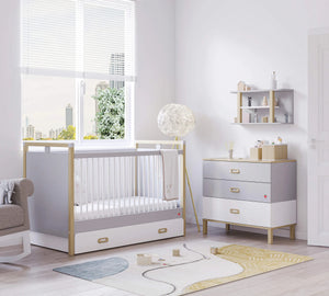 Dormitorio Completo Bebé Mino: Cuna Convertible con Cama Nido, Armario de 3 Puertas y Cómoda + Colchón de Regalo