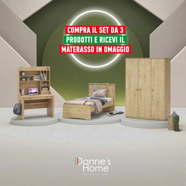 Dormitorio Completo Mocha: Cama (100x200), Armario de 3 Puertas Line y Escritorio con Módulo Superior + Colchón de Regalo