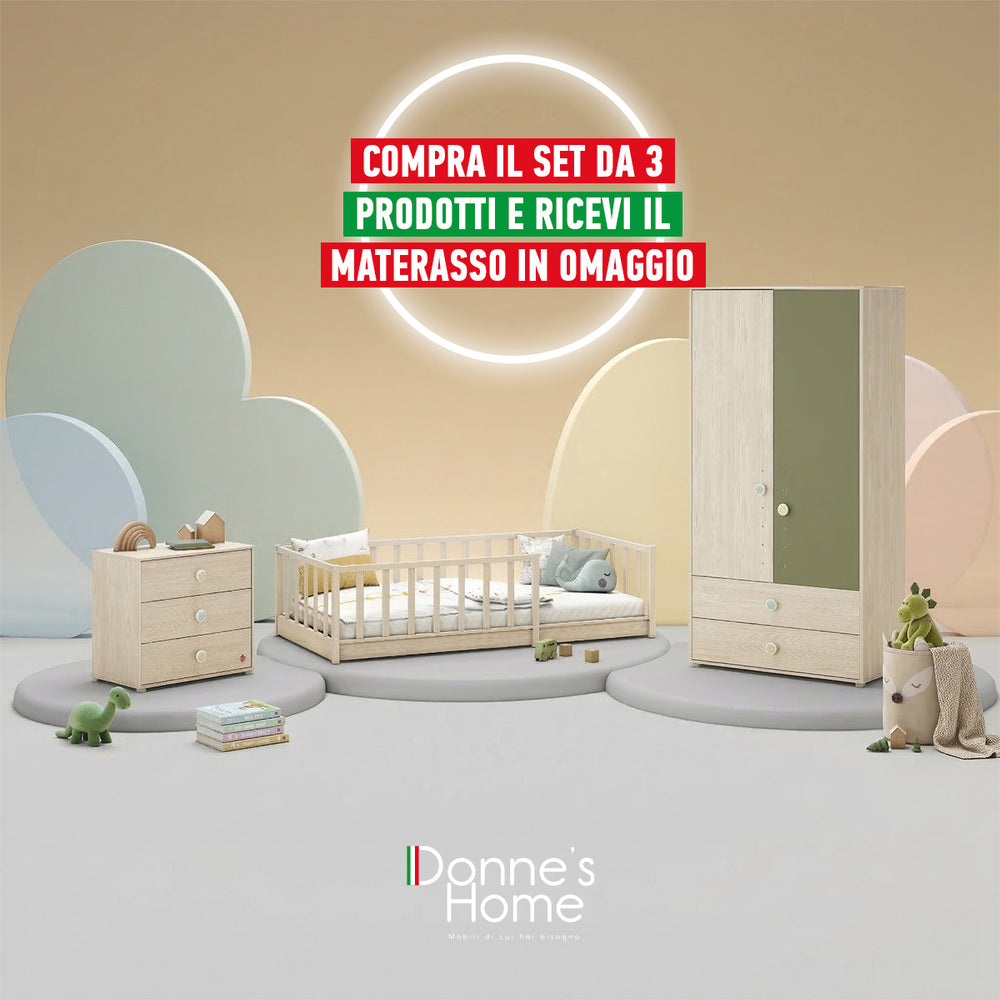 Camera Completa Montes Baby Natural: Letto Daybed (90x190), Armadio 2 Ante e Comò Piccolo + Materasso in Omaggio