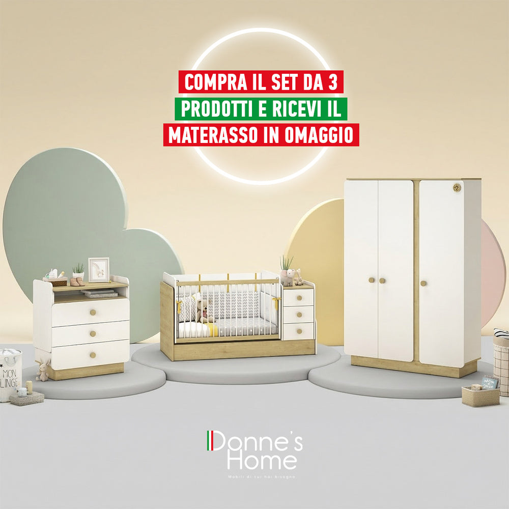Camera Completa Natura Baby: Lettino Evolutivo, Armadio 3 Ante e Cassettiera con Tavolo + Materasso in Omaggio