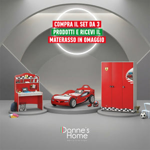 Habitación completa Racecup: Cama con forma de coche (90x190), Armario de 3 puertas y Escritorio con unidad + Colchón de regalo