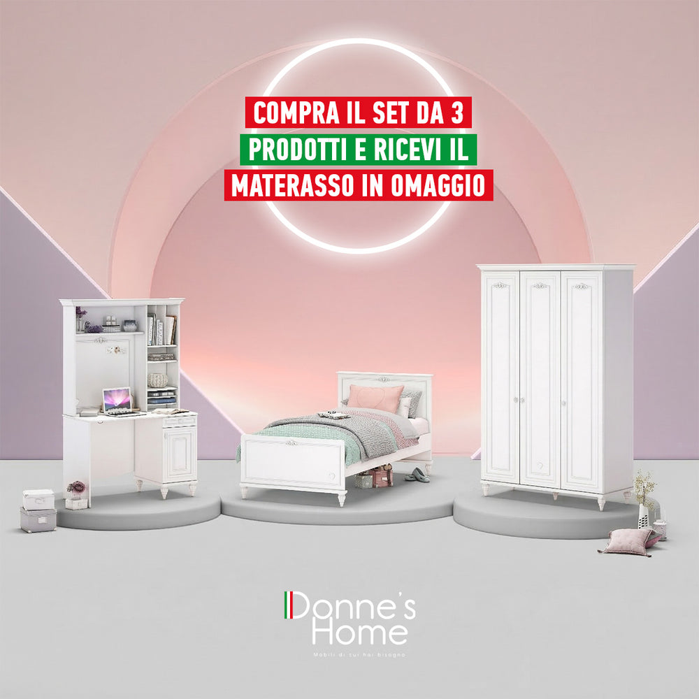 Camera Completa Romantic: Letto (100x200), Armadio 3 Ante e Scrivania con Unità USB + Materasso in Omaggio
