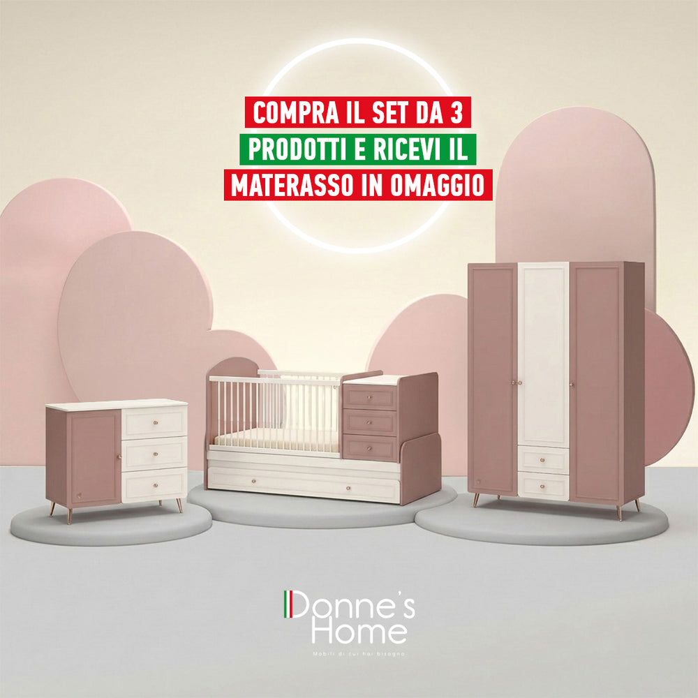 Camera Completa Baby Elegance: Lettino Trasformabile, Armadio 3 Ante e Cassettiera + Materasso in Omaggio