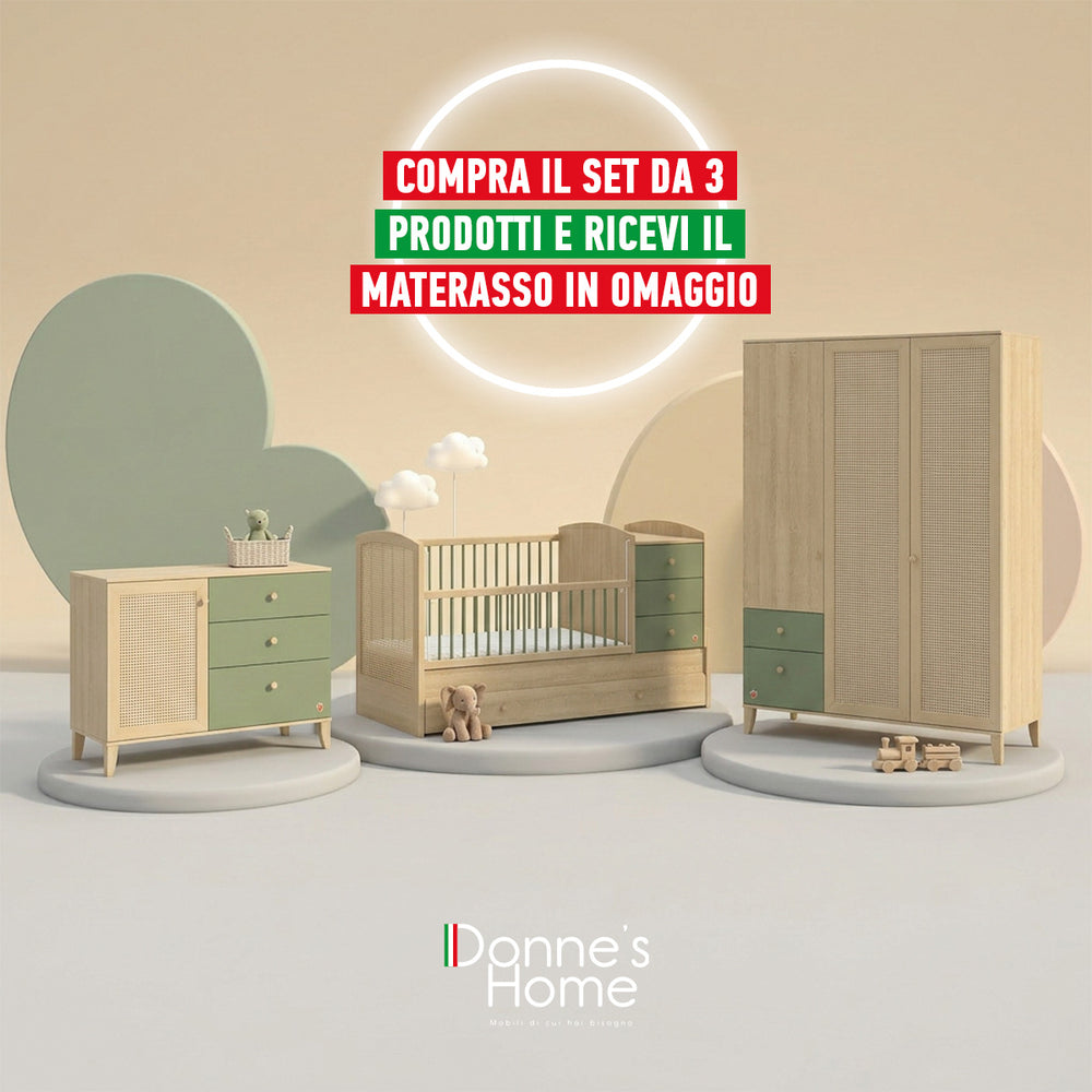 Camera Completa Baby Loof: Lettino Evolutivo, Armadio 3 Ante e Cassettiera + Materasso in Omaggio