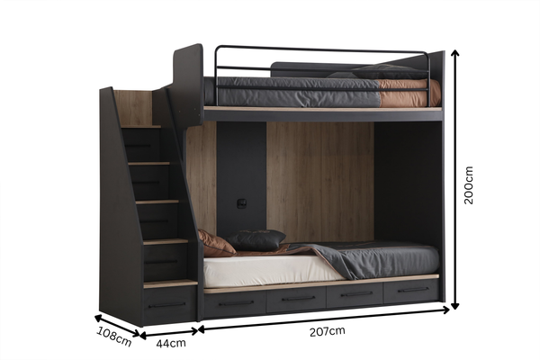 Modern Bunk Bed with Storage Ladder - Anthracite and Wood (100x200)