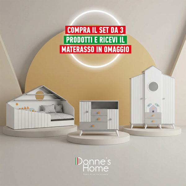 Habitación Completa Bird House: Cama Montessori, Armario de 3 Puertas y Cómoda + Colchón de Regalo