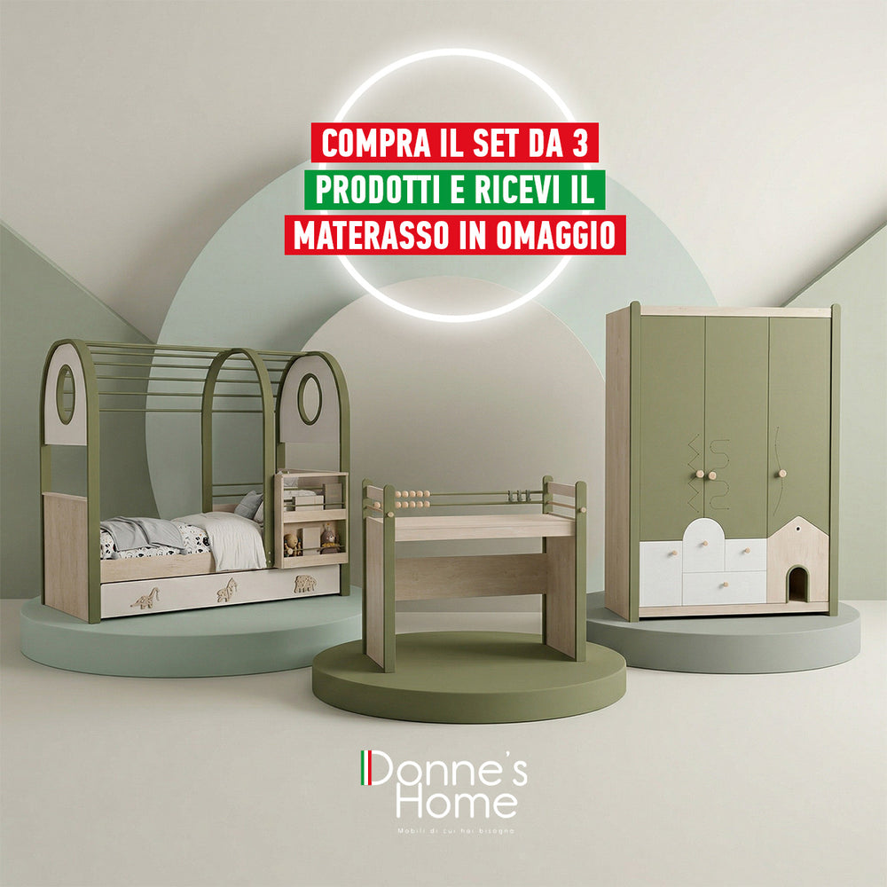 Camera Completa Joy Montessori: Letto Casetta, Armadio 3 Ante con Tetto e Scrivania + Materasso in Omaggio