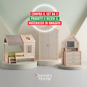 Dormitorio completo My House: Cama con techo, Armario de 3 puertas y Cómoda con espejo + Colchón de regalo