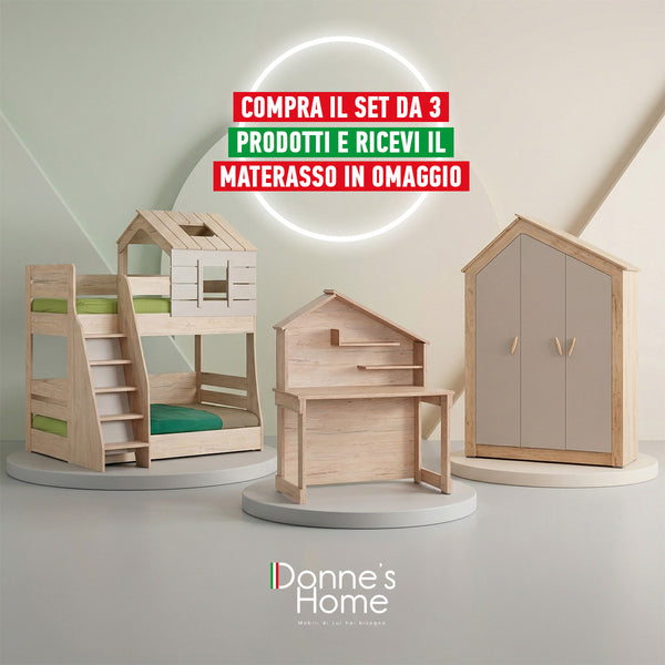 Dormitorio Completo My House 2: Litera, Armario de 3 Puertas y Escritorio + Colchón de Regalo