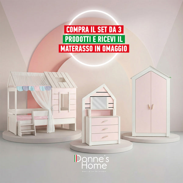 Habitación Completa Pink House Casetta: Cama Casita, Armario de 2 Puertas y Cómoda con Espejo + Colchón de Regalo